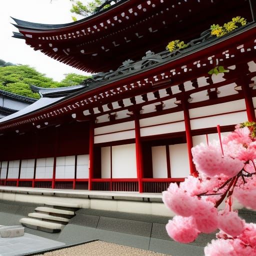 Geisha at Japanese Temple with Cherry Blossoms
