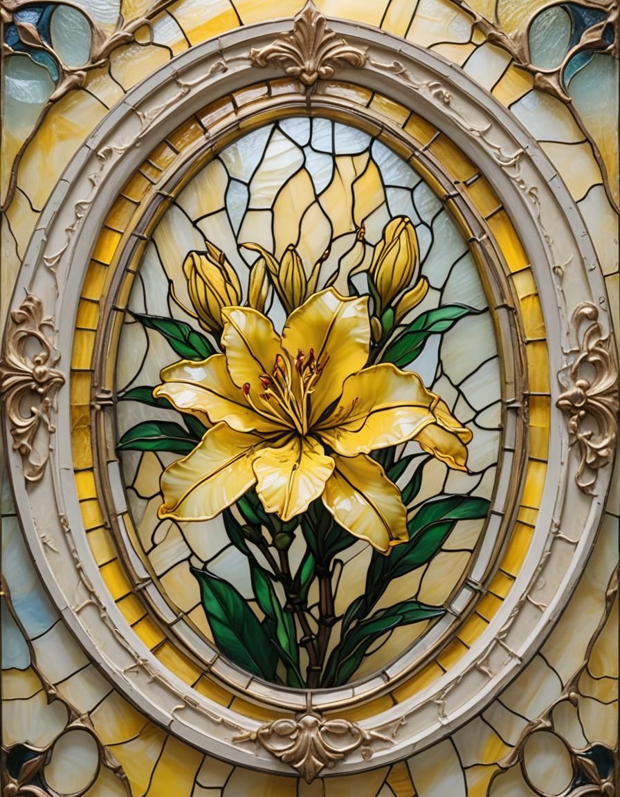 Traditional-Stained glass art, medium shot. Small, vibrant y...