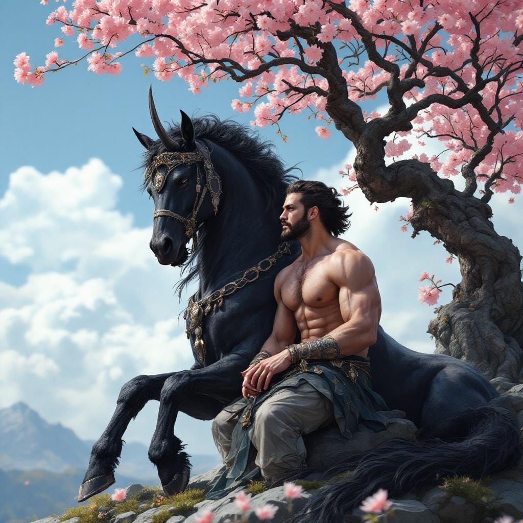 Detailed Centaur Under Cherry Tree in Dark Fantasy Style