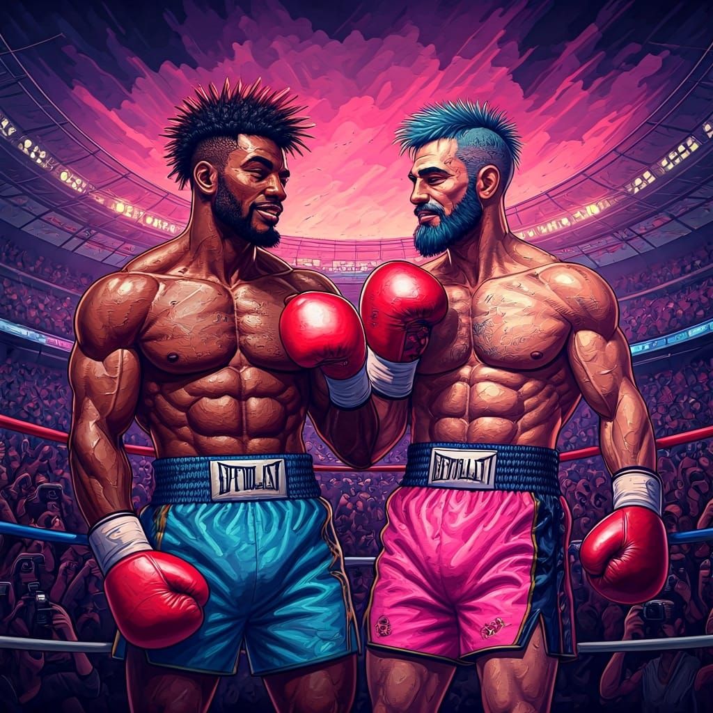 Pop Art Boxers Sparring in Cyberpunk Stadium