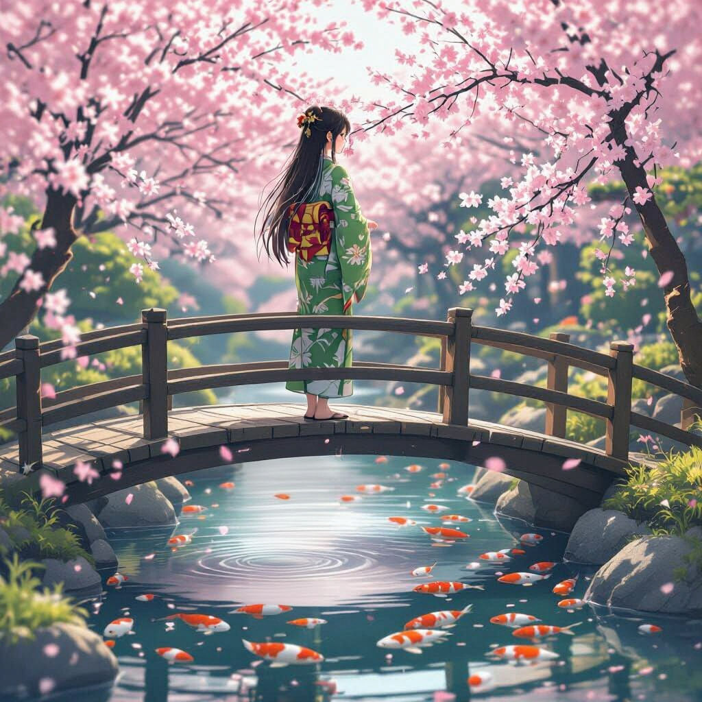 Woman in Kimono Watching Koi, Anime Style