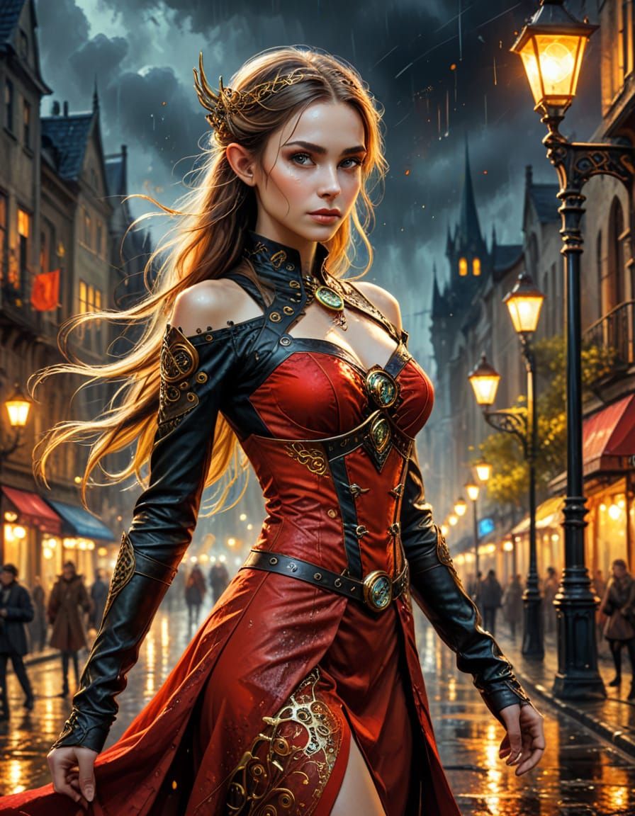 Steampunk Elven in Red Dress | Intricate Illustration