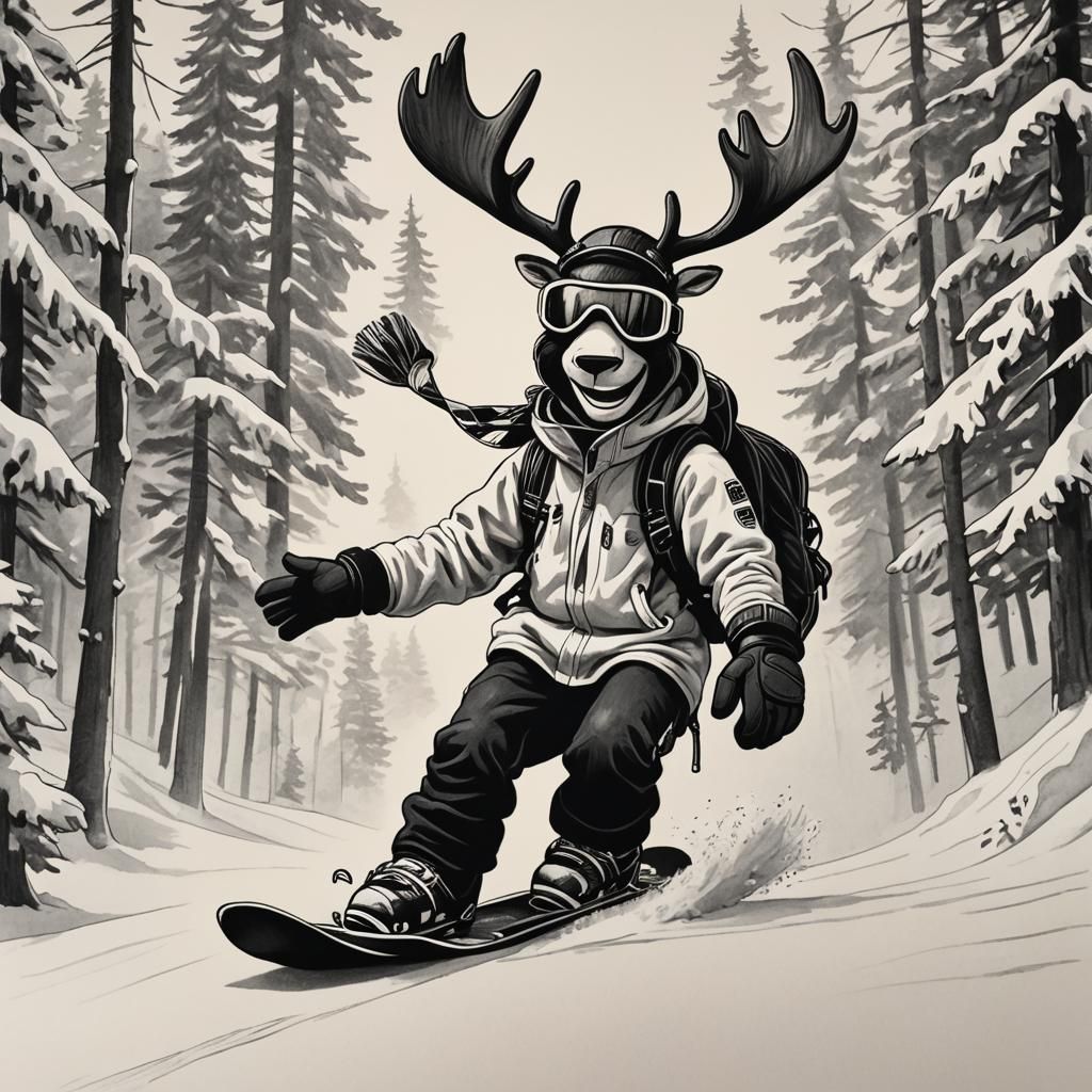 Snowboarder with Moose Head in Cartoon Style