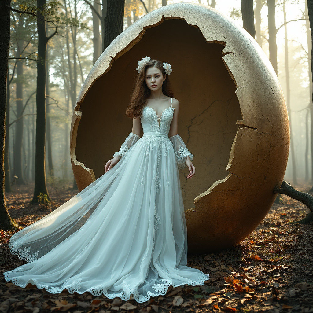 Ethereal Woman Emerges from Egg in Forest