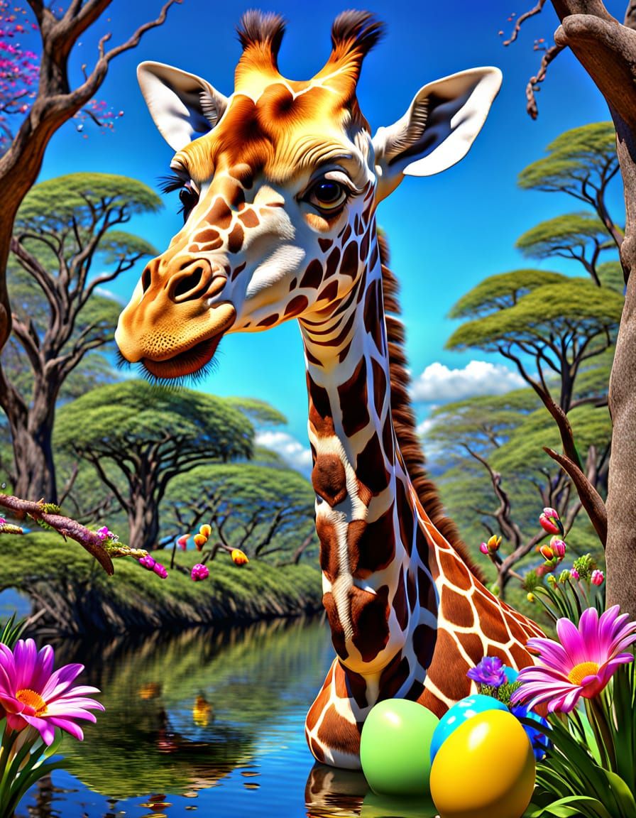 Vibrant Easter Giraffe in Rainforest Paradise