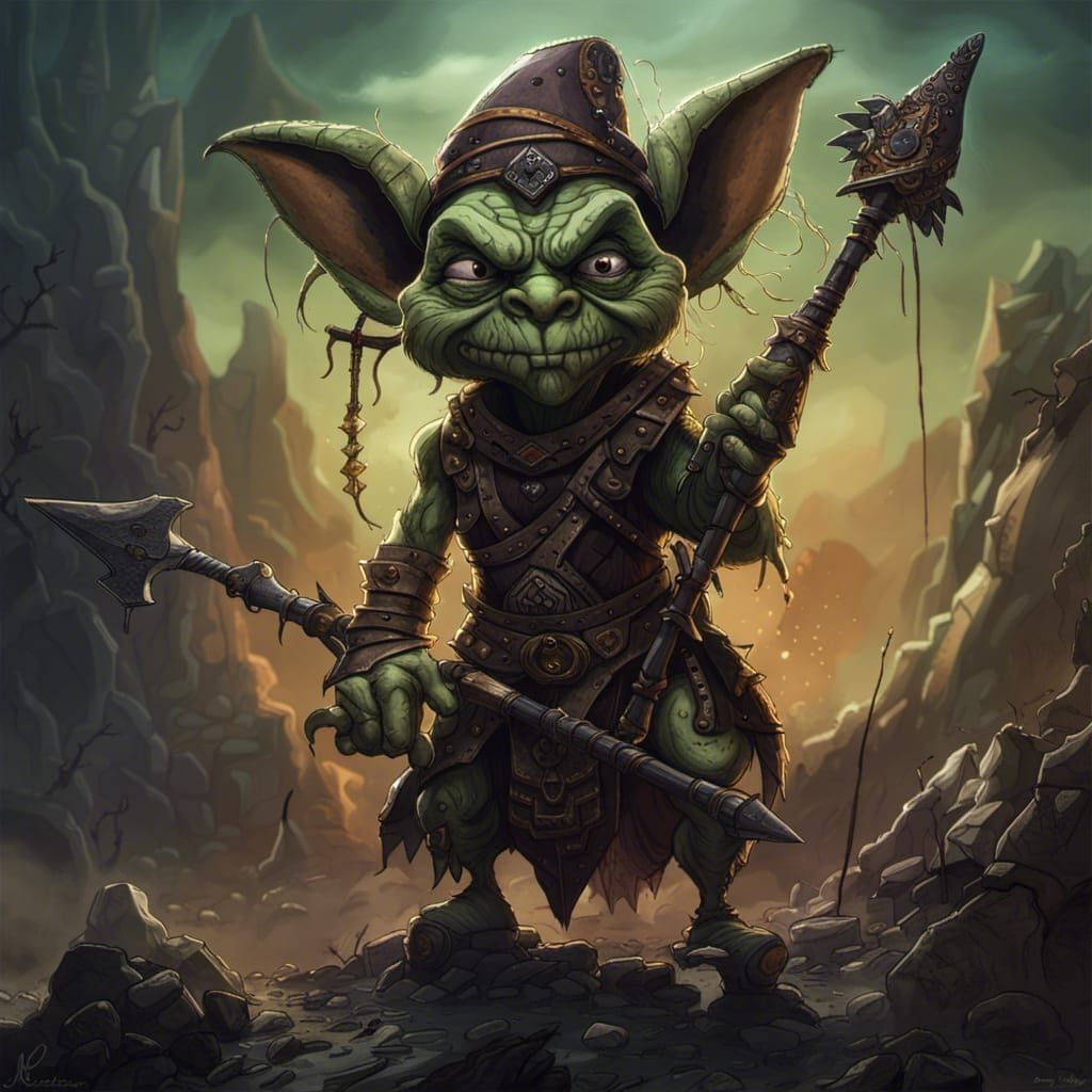 Mean Goblin Leader with Black Spear: Fantasy Art