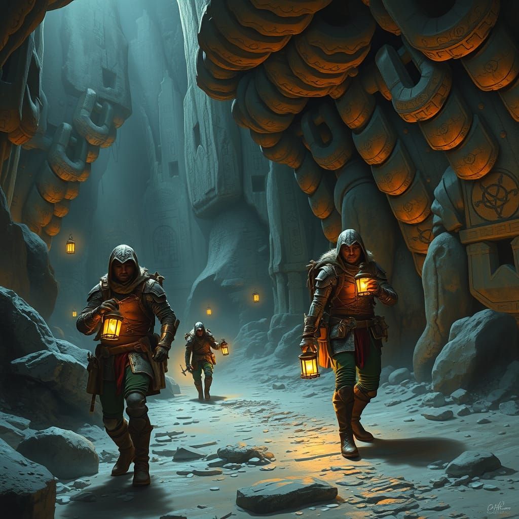 Runic Cave Explorers in Retro-Futuristic Style