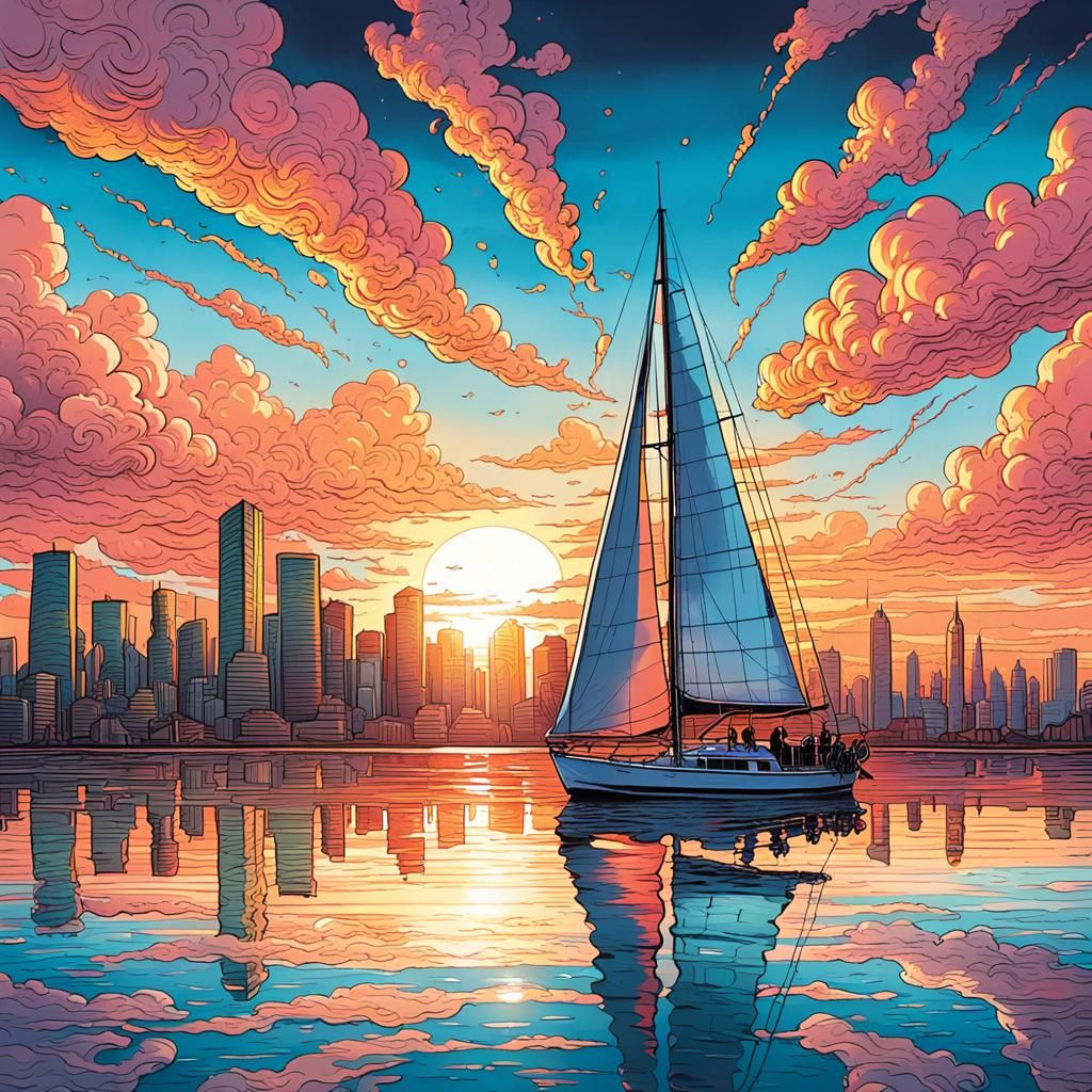 Sailboat Glides Through SeaLand City: Comic Book Art