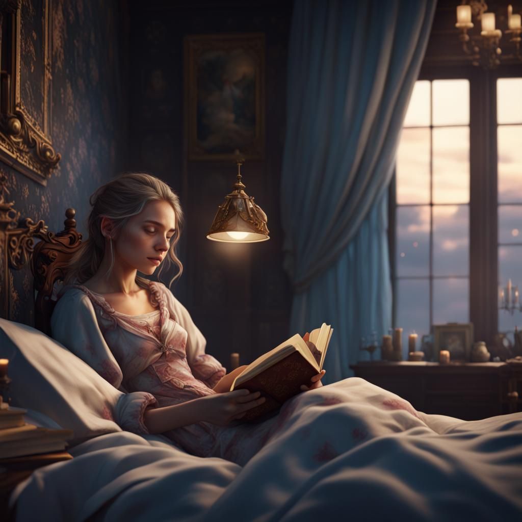 Girl Reads in Bed: Detailed Matte Painting