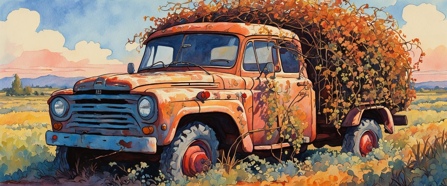 Charming Watercolor Truck Overgrown with Plants and Flowers