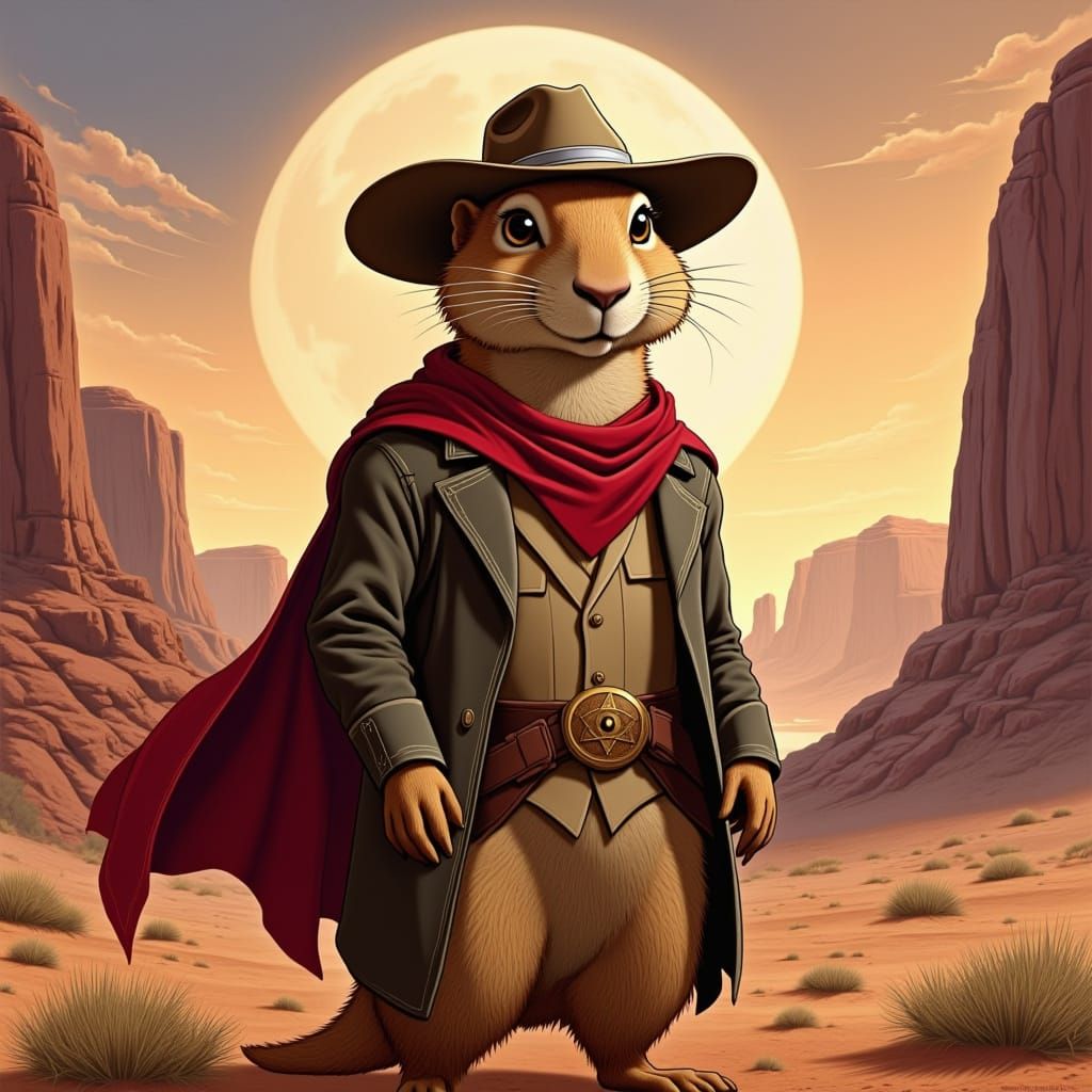Prairie Dog Cowboy Rides into Sunset