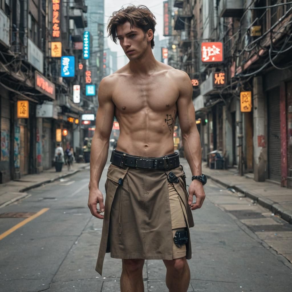 young man with brown hair, nake torso and dressed only in a ...