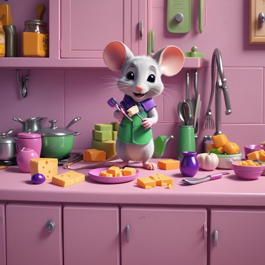 Cute Mouse Hoarding Cheese in 50s Kitchen, 3D Digital Art