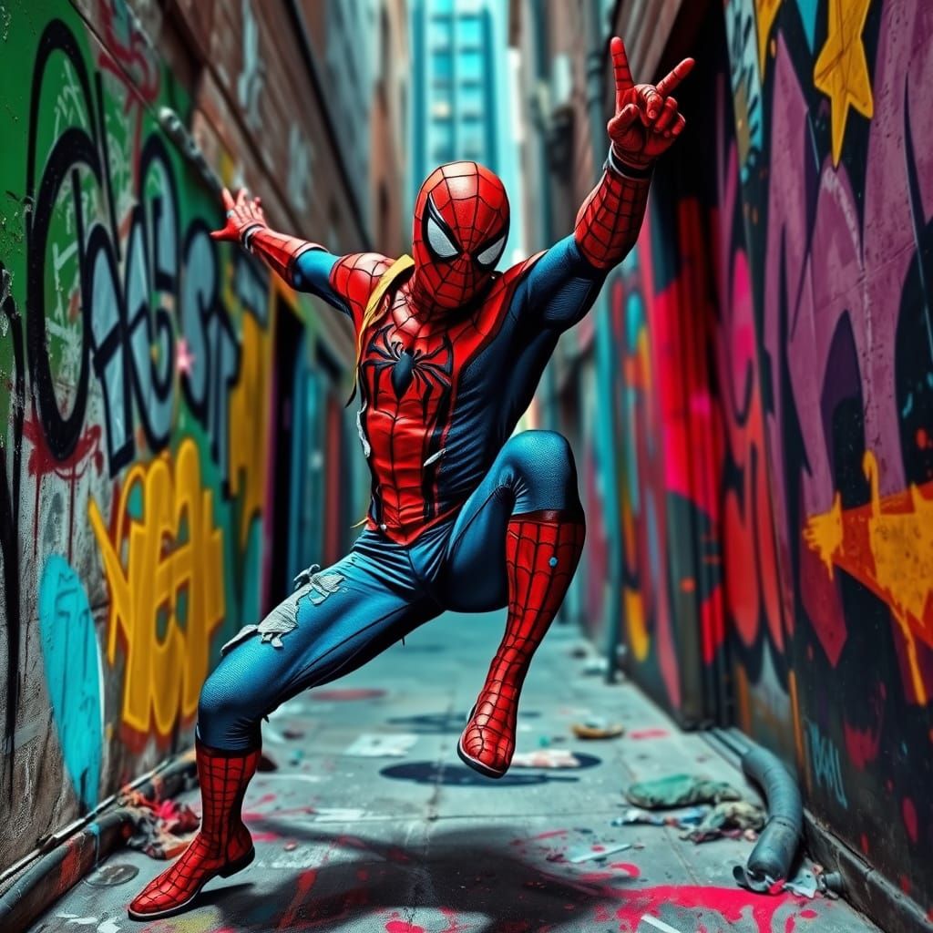 Dynamically Posing Superhero in Vibrant Urban Alleyway