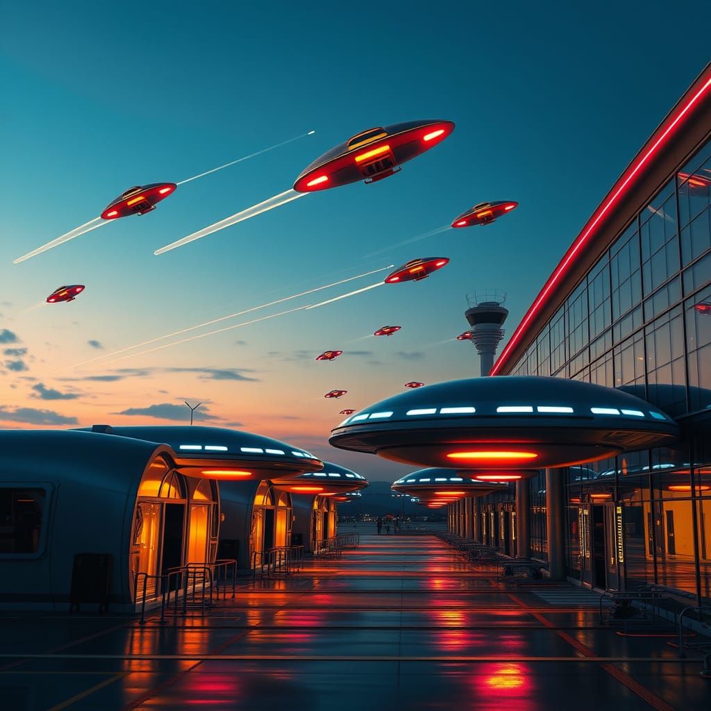 Sleek Futuristic Airport Terminal at Dusk with Soaring Neon ...