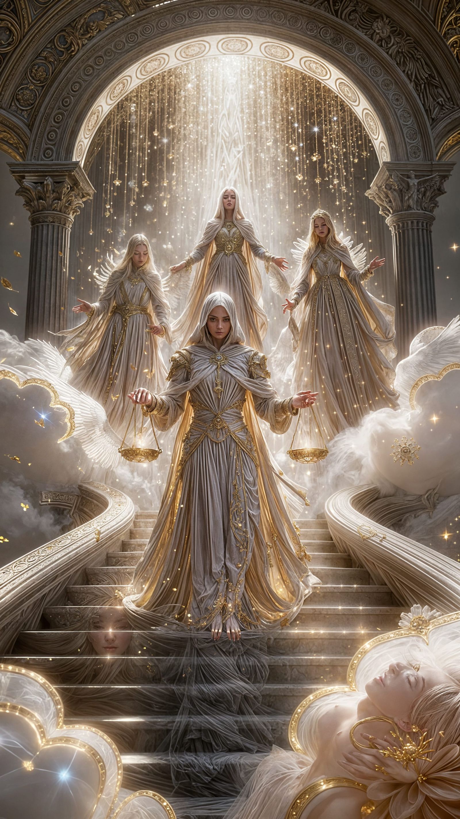 Divine Angelic Figures in Hyperrealistic Ethereal Rain