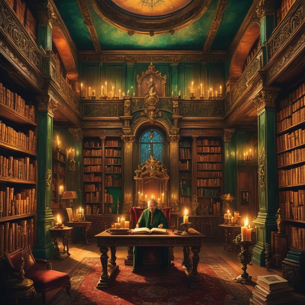 Candlelit Fantasy Library in Renaissance Oil Painting Style