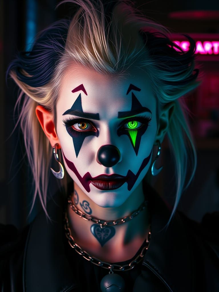 Cyberpunk Clown with Neon Makeup and Piercings