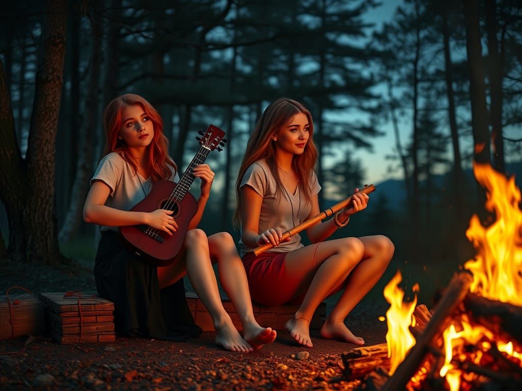 Campfire Musicians in Mystical Forest Painting