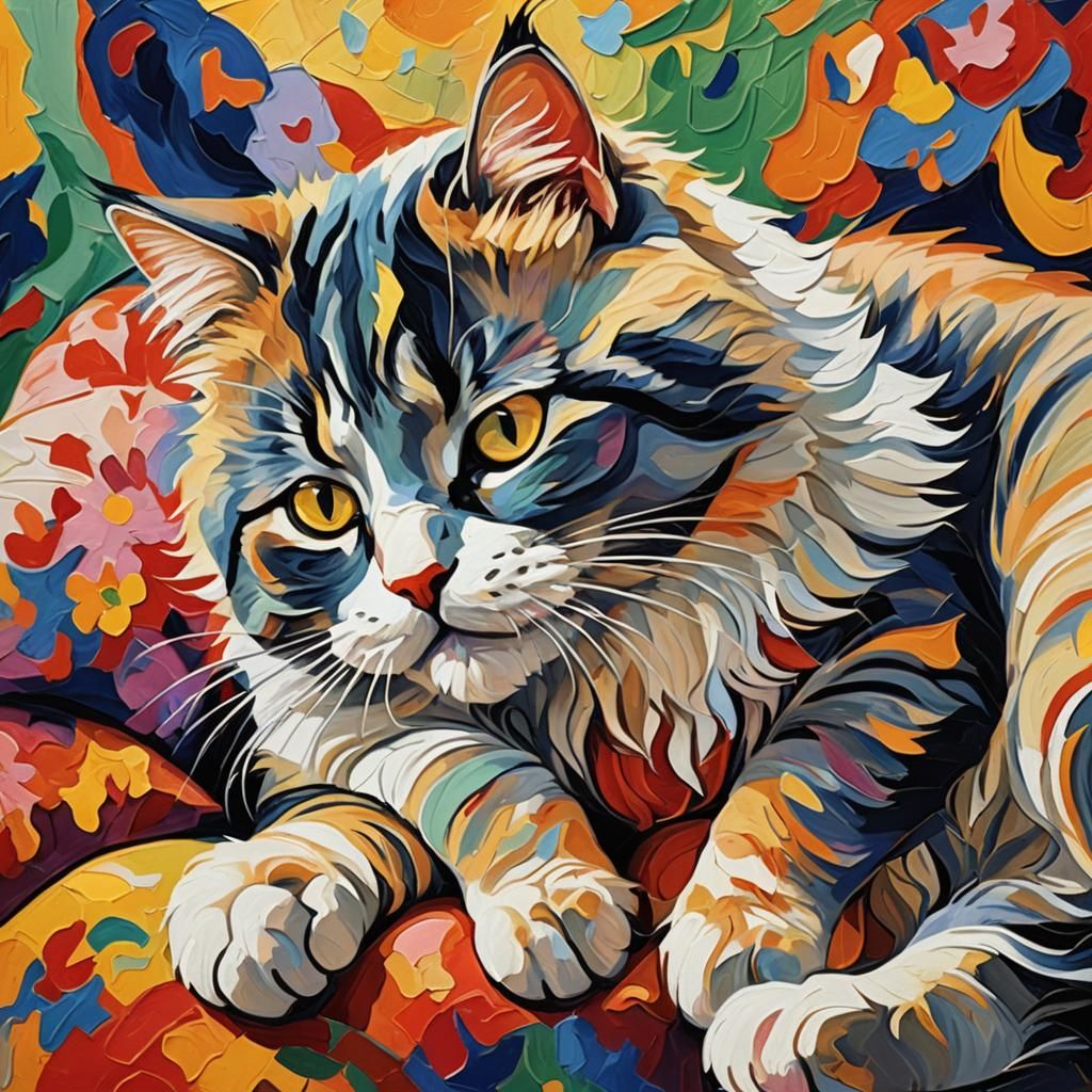 Abstract Fauvist Cat Licking Pillow, Vibrant Colors