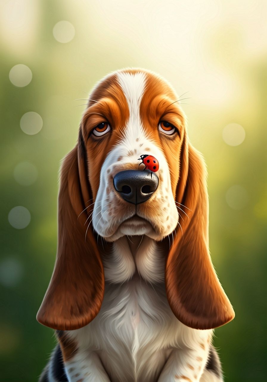 Sweet Basset Hound Meets Ladybug in Watercolor Style