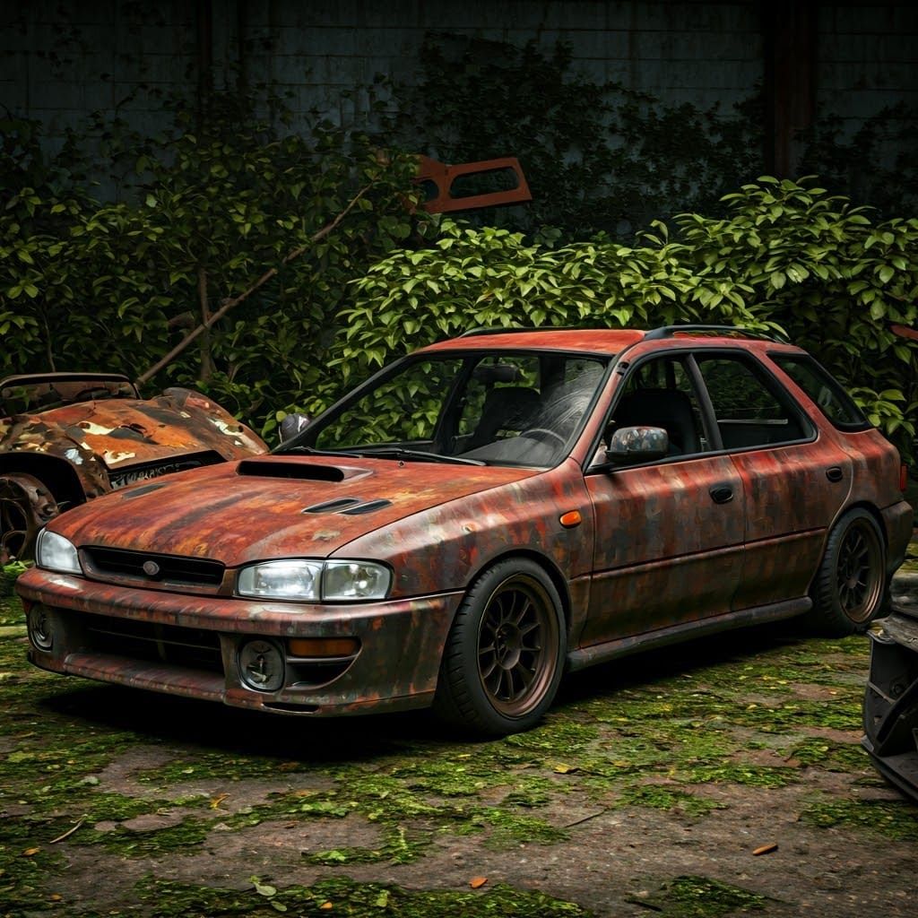 Rusty Impreza Wagon Rat Rod in Junkyard