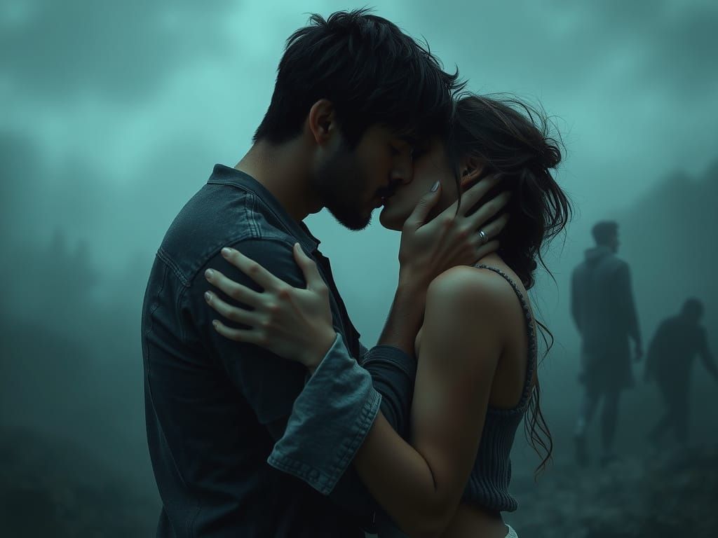Romantic Kiss in Misty Atmosphere, Hyper-Realistic Detail