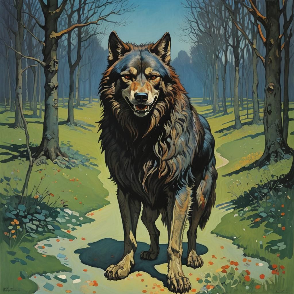 Lycanthrope at Dawn: Gouache Illustration in Impasto Style