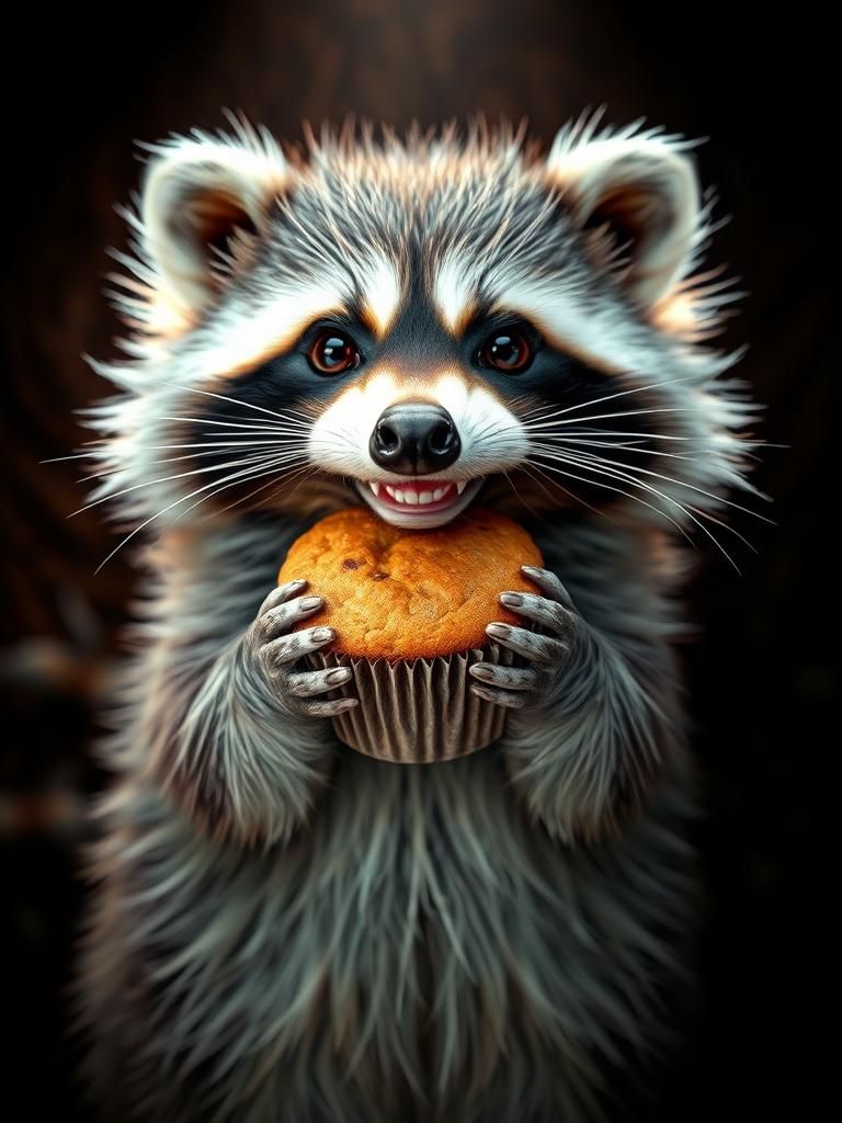 Young raccoon wearing a cheeky grin while holding a muffin. ...