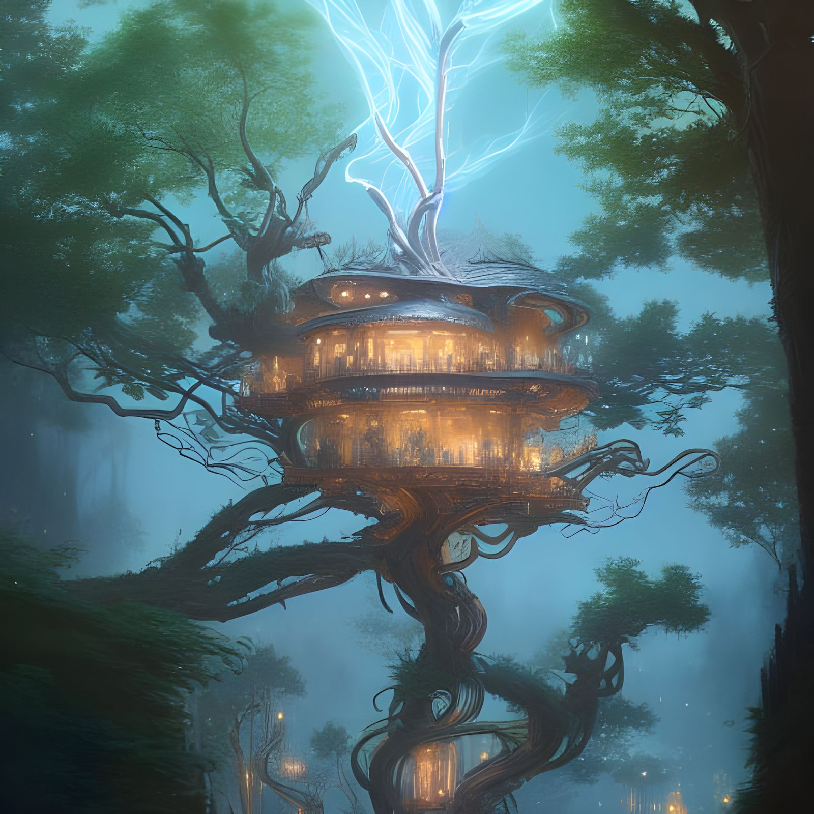 Electric Lightning Treehouse: Digital Sci-Fi Illustration