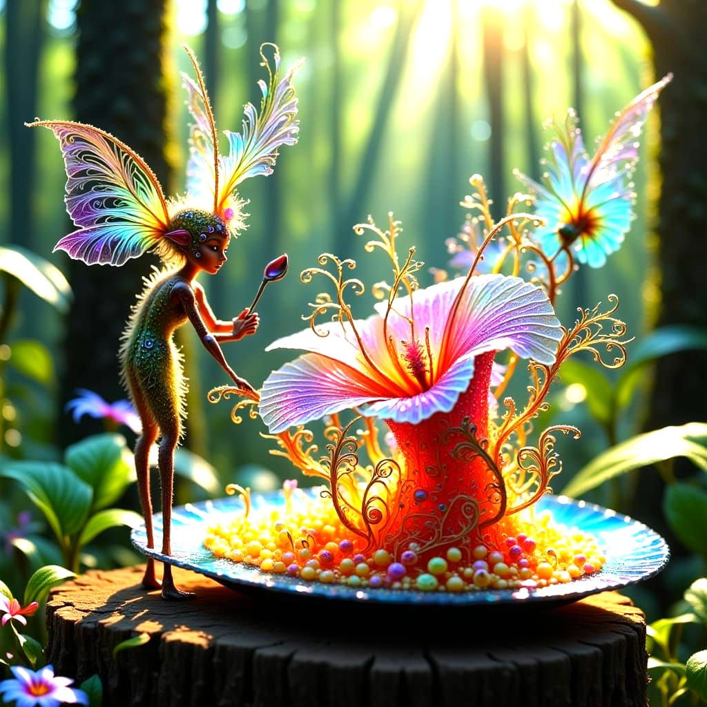 Magical Fairy with Giant Wings Beside Jelly Cake in Forest