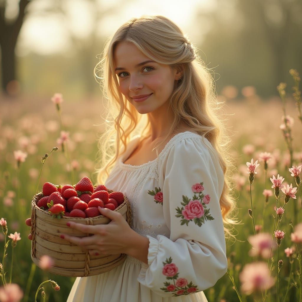 Girl with Strawberries in Hyperrealistic Style