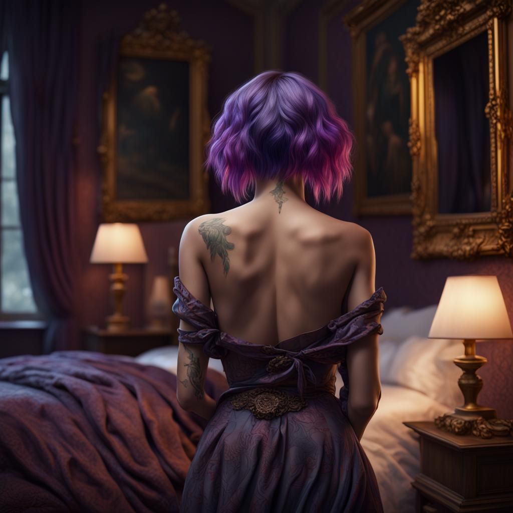 Model with Purple Hair in Antique Oil Painting