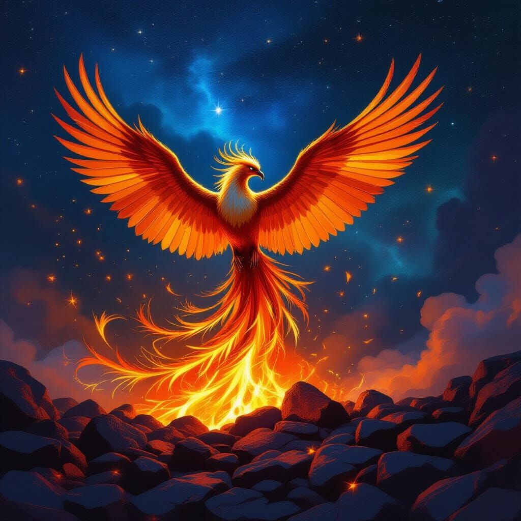 Majestic Phoenix Rises From Embers in Starry Nebula
