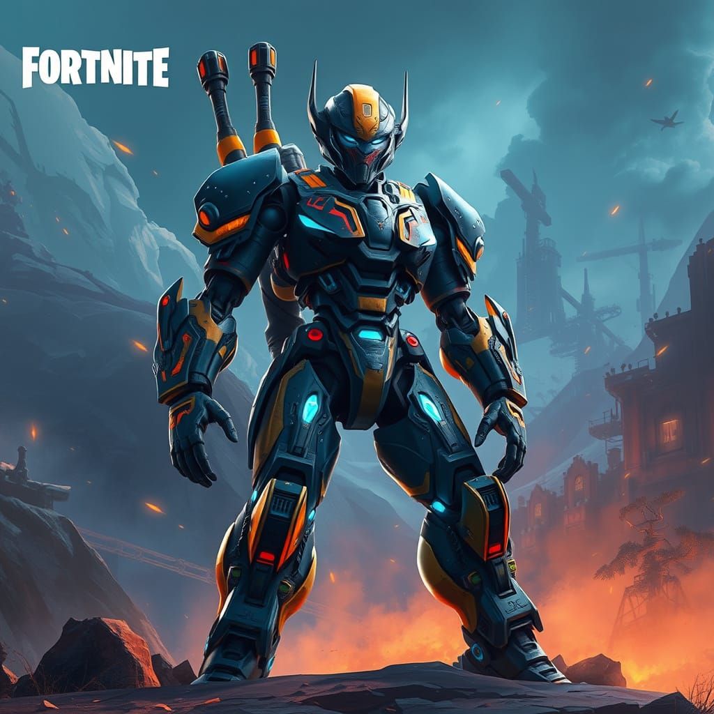 Robotic Warrior in Dystopian Fortnite Landscape