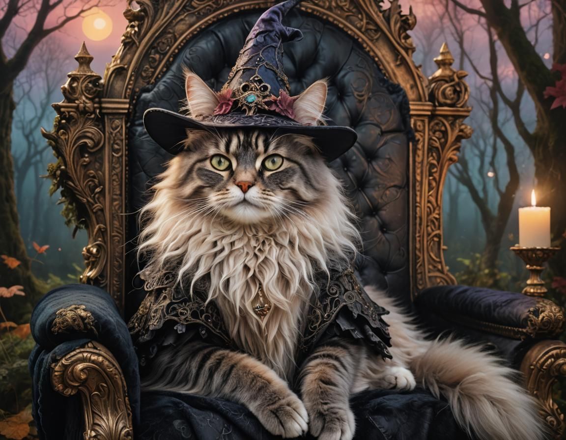 Magical Cat on Throne in Baroque Fantasy Forest