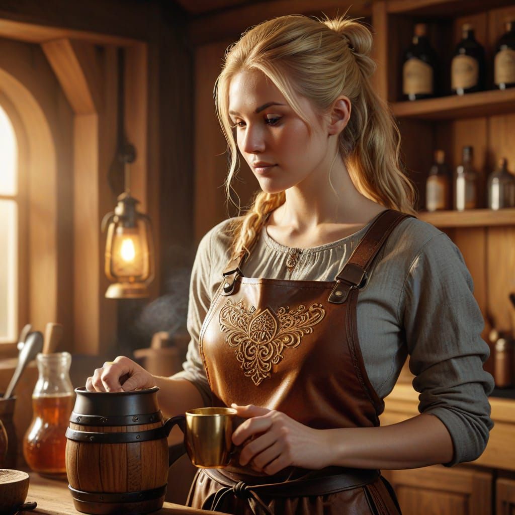 Viking Maiden Serves Mead in Golden Light