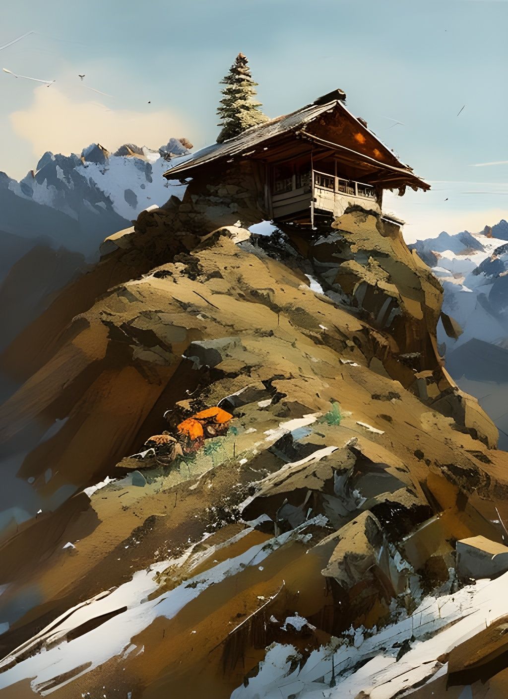 Alpine Chalet Amidst Rocks: Detailed Digital Painting