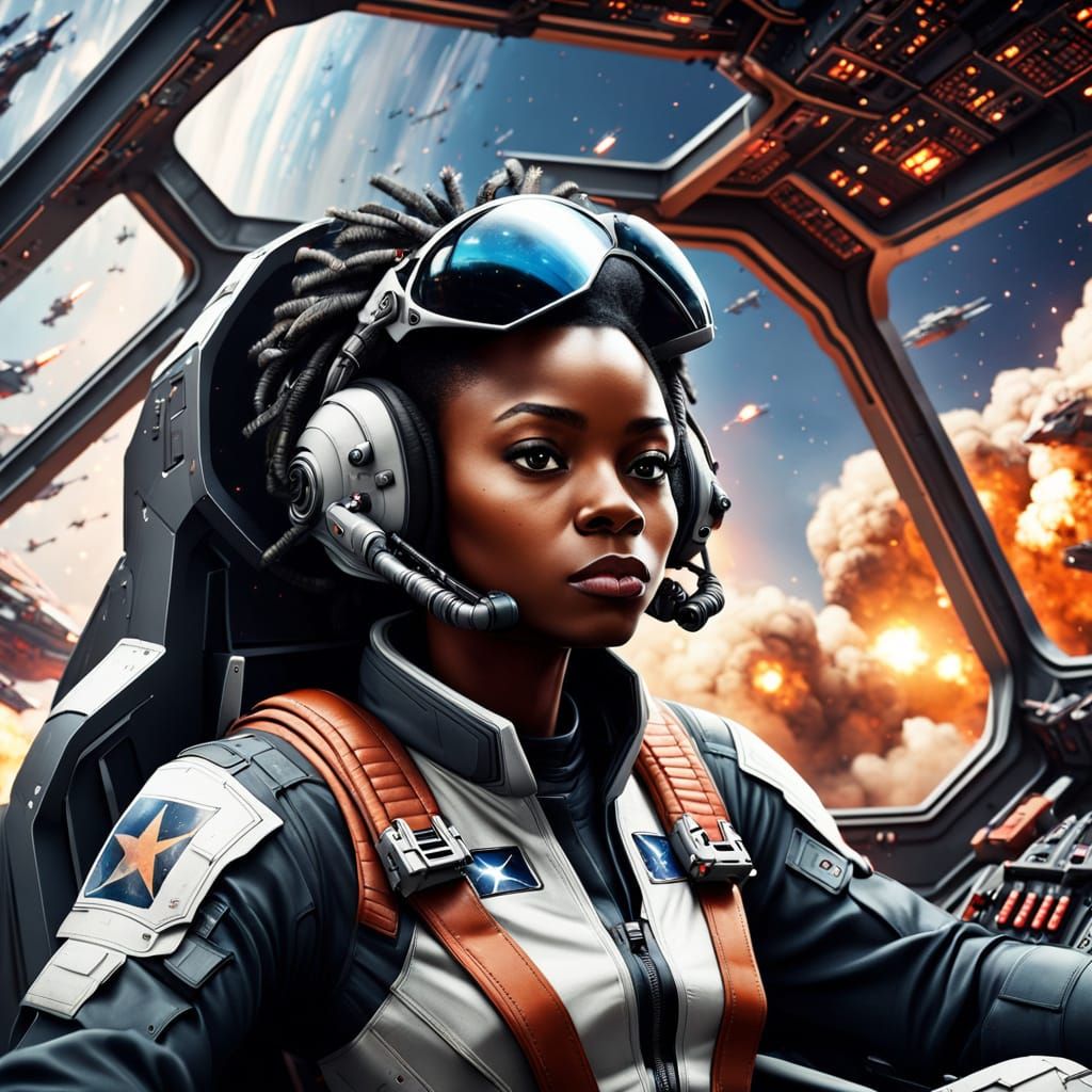Sci-Fi Black Female Pilot in Epic Space Battle