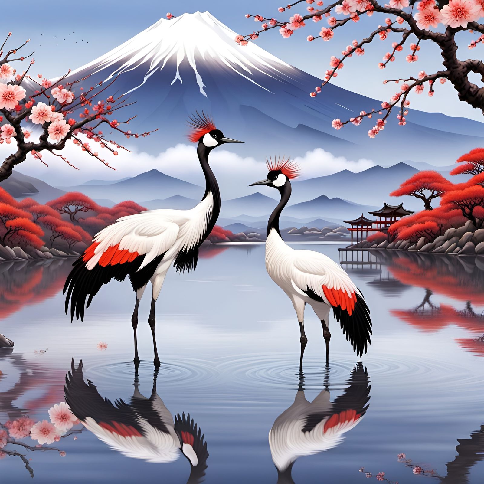 Japanese Red crowned cranes dancing, Mt Fuji in the background