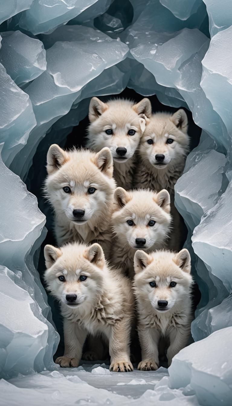 White Wolf Cubs Explore Ice Cave