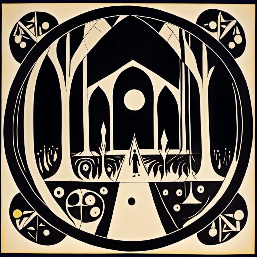 Occult Psychedelic Scene in Cezanne Ink Print Style