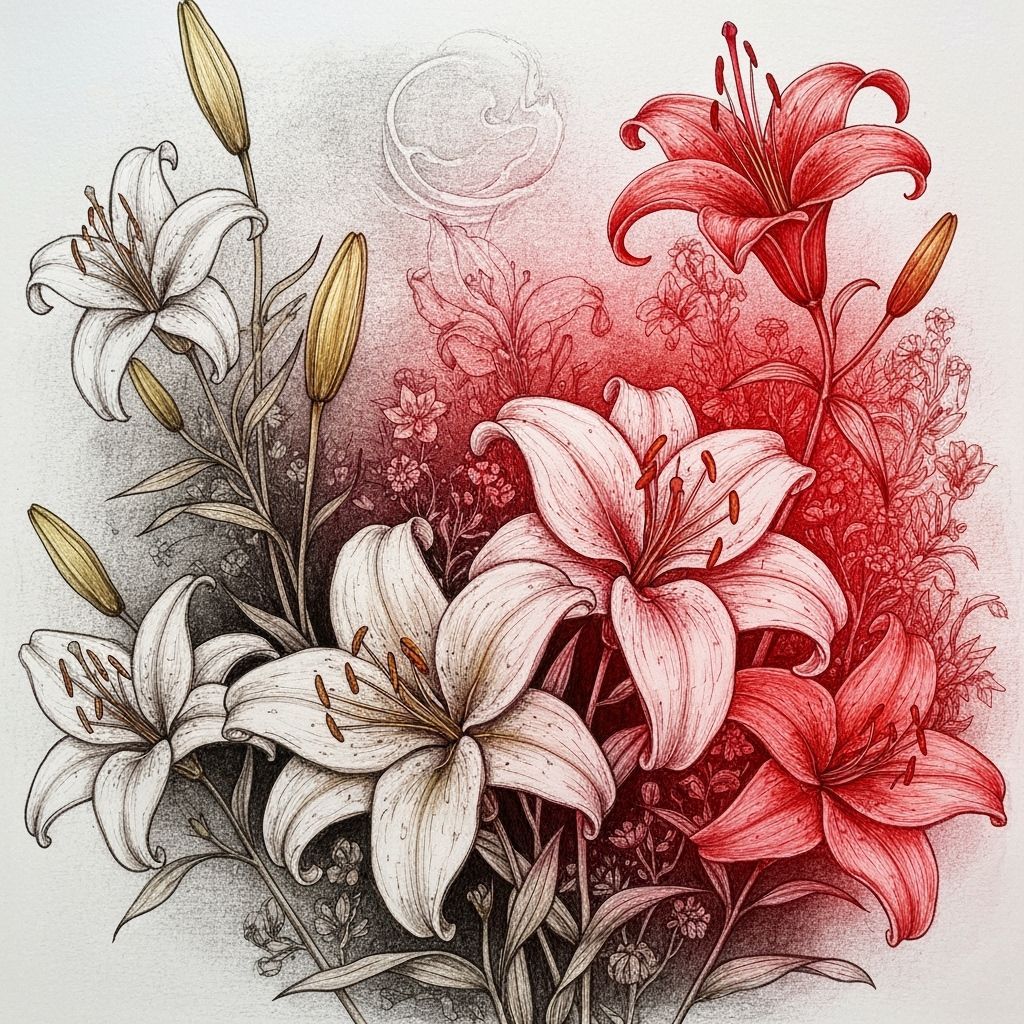 Surreal Dreamscape with Lilies in Charcoal, Red, and Gold In...