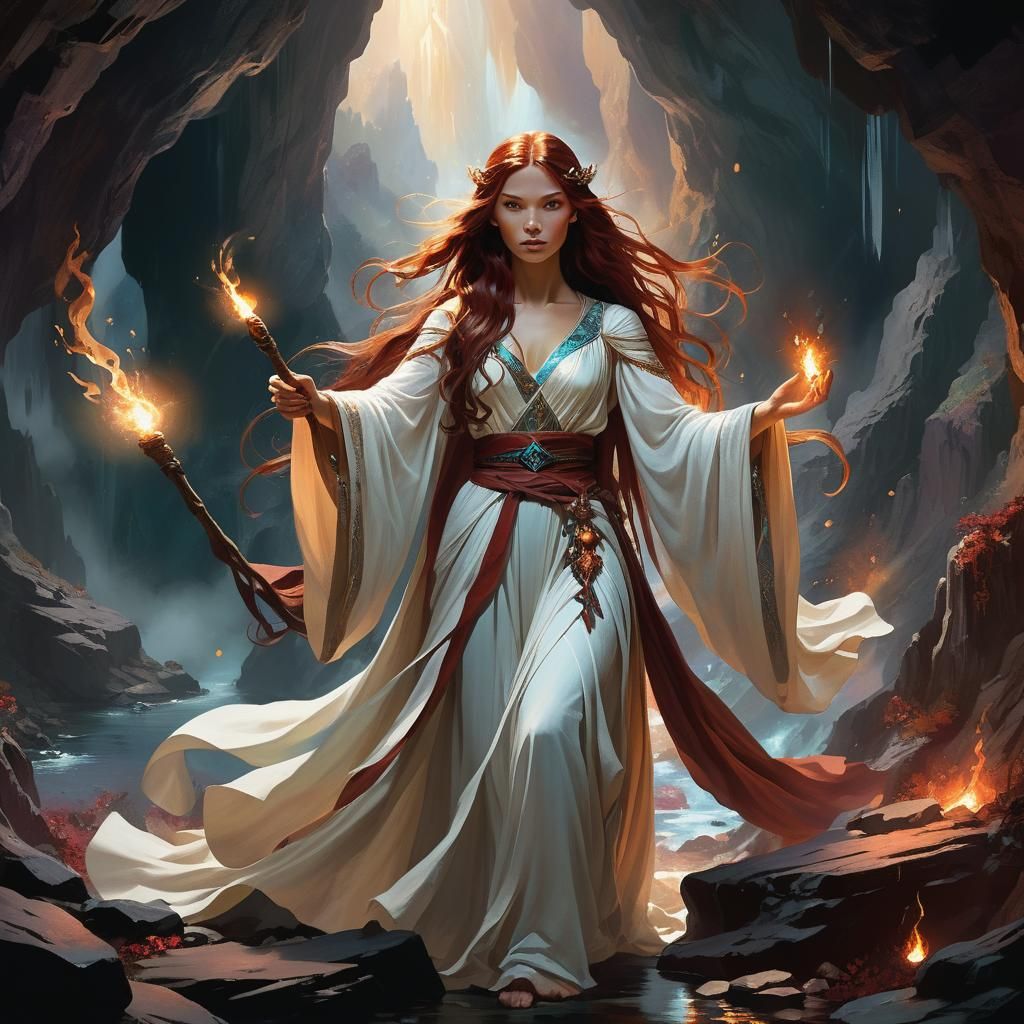 Sorceress Casting Spell in Firelit Cave