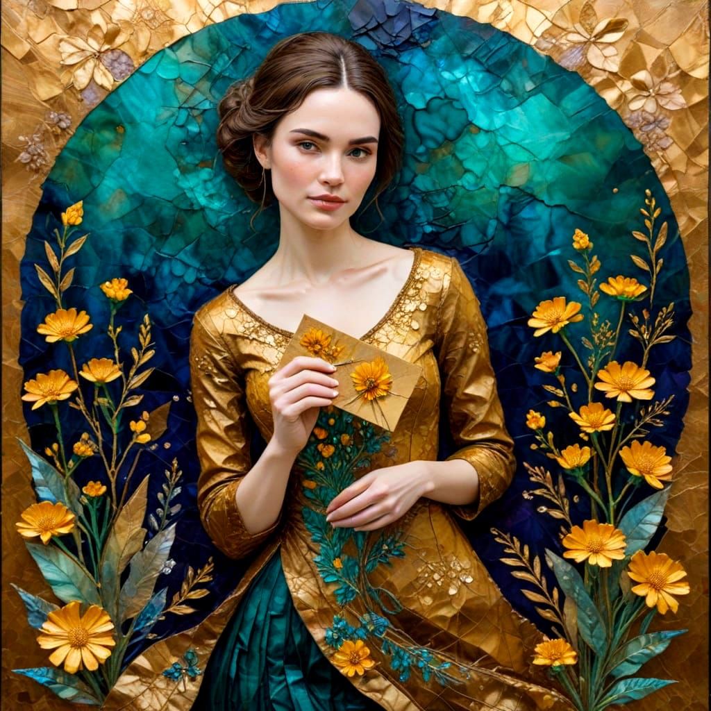 A Woman Amidst Golden Wildflowers in a Vintage Scene