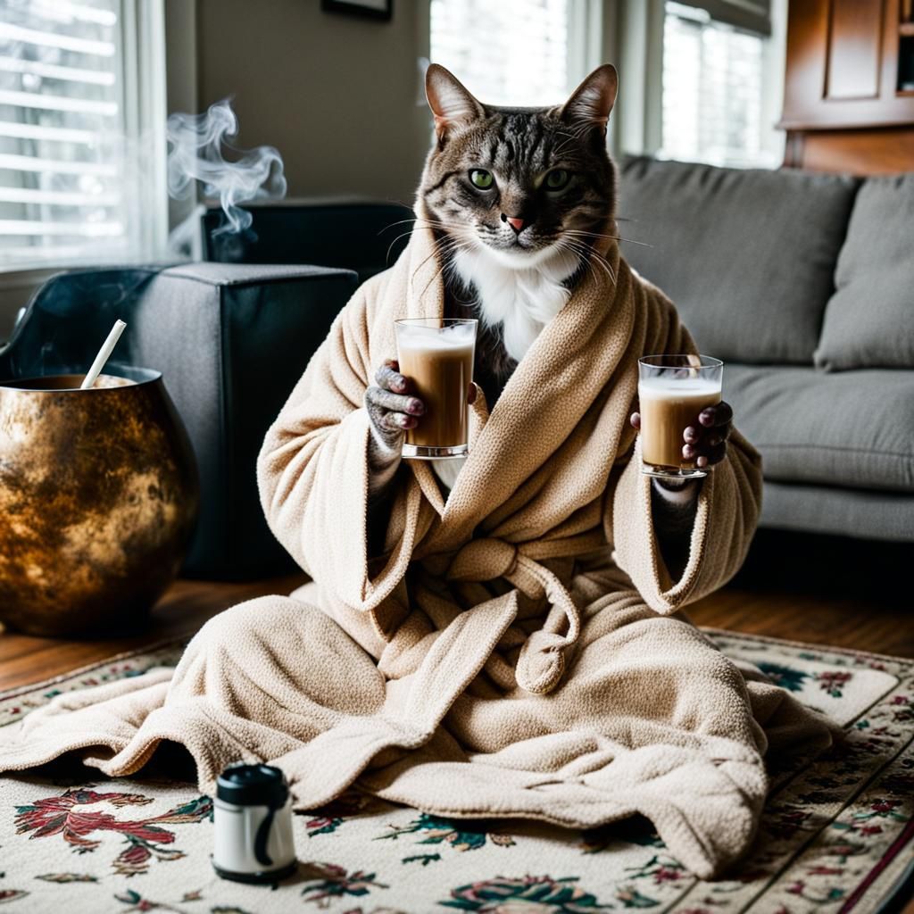 Cool Cat in Bathrobe with White Russian