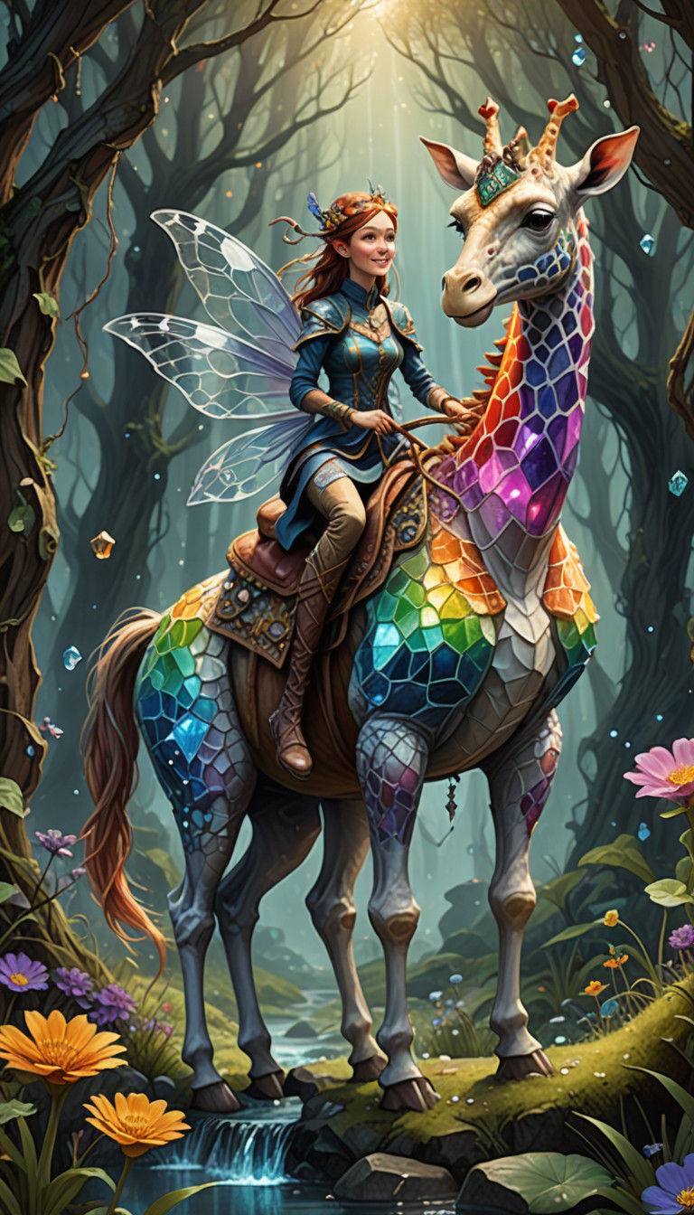 Enchanted Fairy Rides Majestic Rainbow Giraffe in Whimsical....
