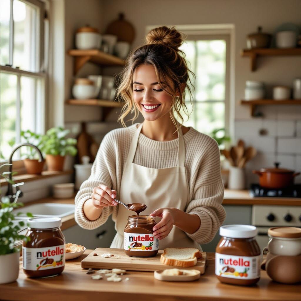Joyful Woman Enjoys Nutella in Cozy Kitchen