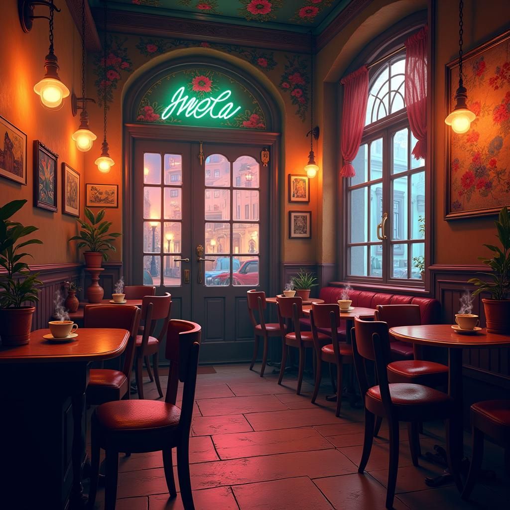 Cozy Lofi Cafe with Jazz Instruments as Matte Painting