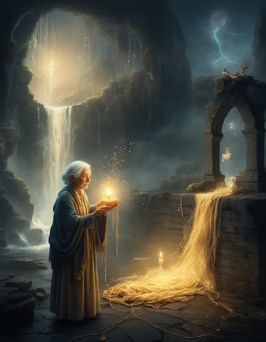 Mystical Caretaker of Fate in a Surreal Landscape